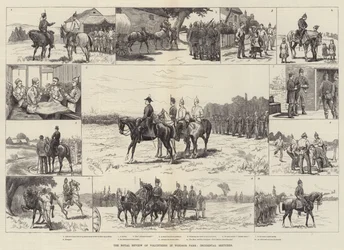 Het koninklijke overzicht van vrijwilligers in Windsor Park, incidentele schetsen